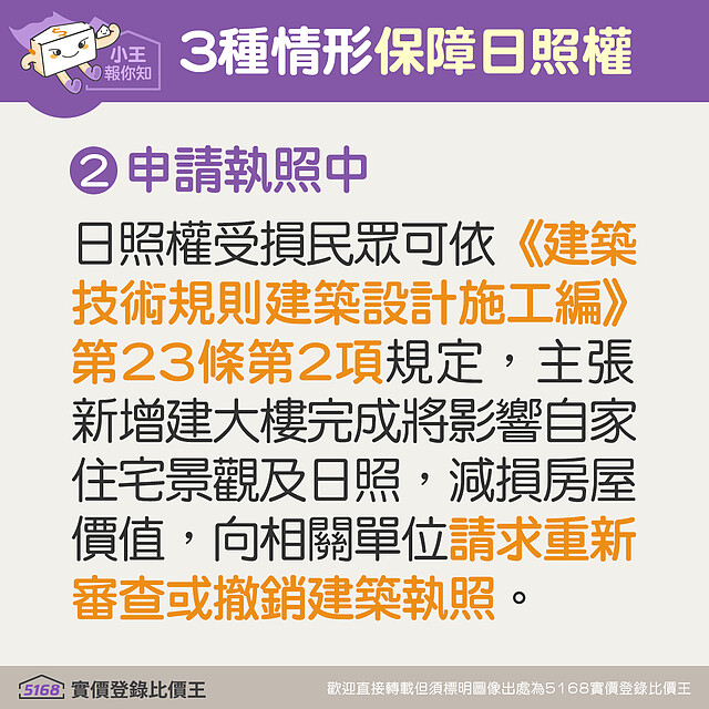 保障享有日照權的方法，若為申請執照中建案，民眾可依《建築技術規則建築設計施工編》規定，向相關單位請求重新審查或撤銷建築執照。5168實價登錄比價王